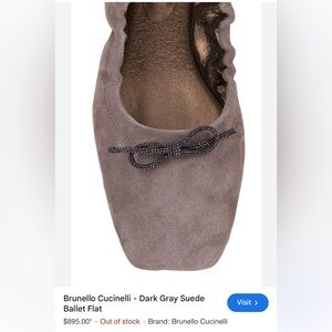 Brunello Cucinelli Square Toe Dark Grey Suede Ballet Flats 39